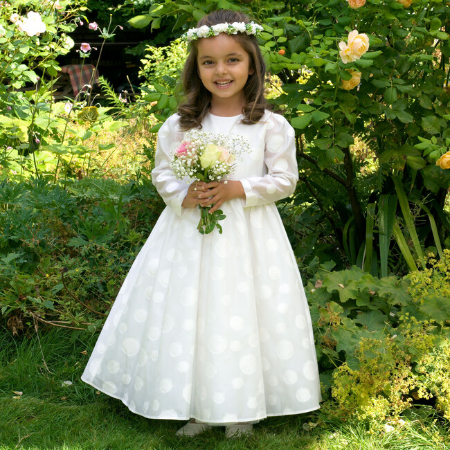 Dotted Long Communion Dress, White - Dresses - 3