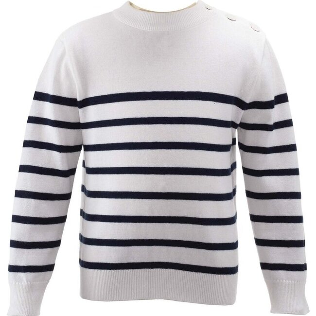 Breton Striped Button-Shoulder Sweater, Navy