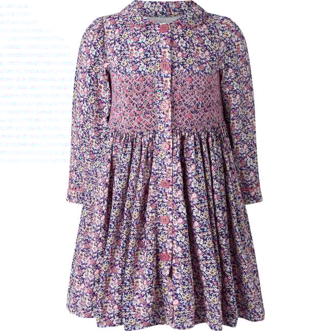 Floral Smocked Button-Front Dress, Navy