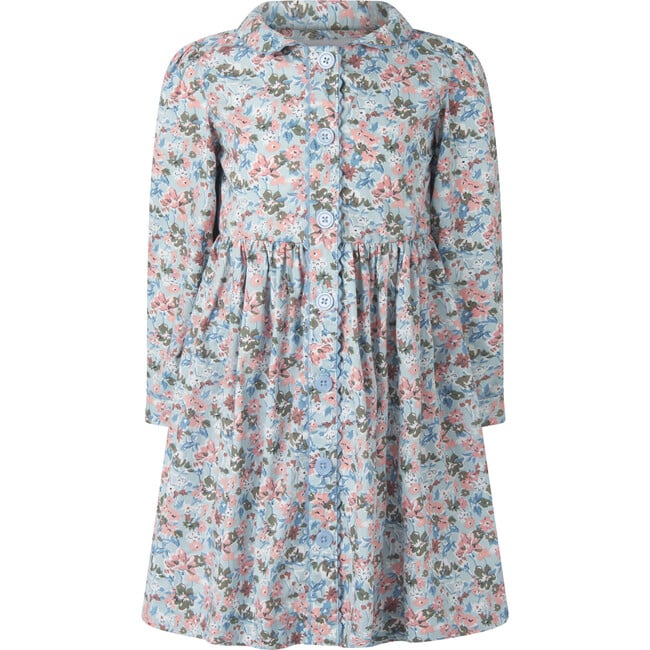 Floral LS Button-Front Dress, Blue