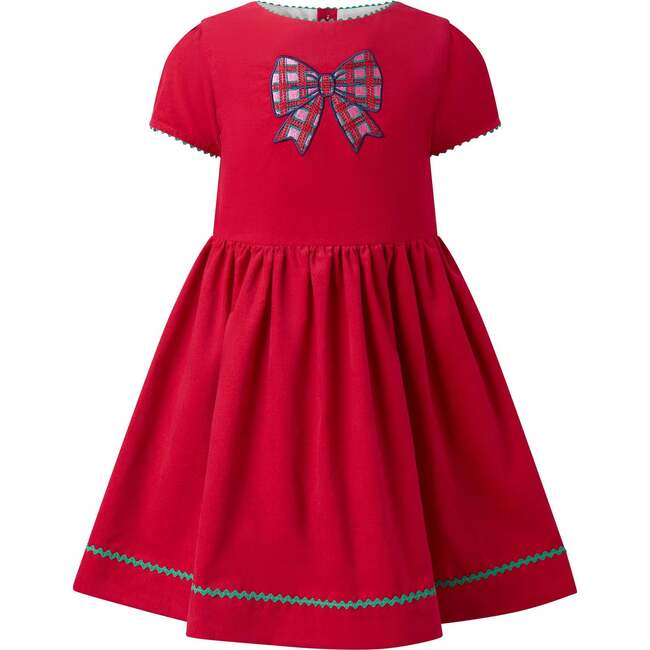 Tartan Bow Embroidered Dress, Red