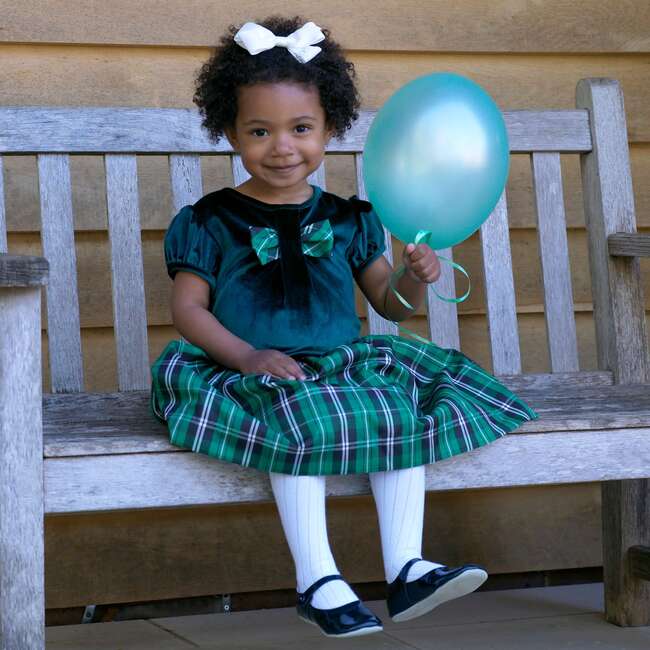 Velvet Check Party Dress, Green - Dresses - 3
