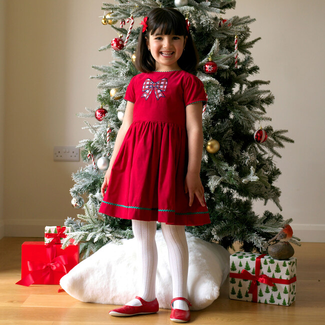 Tartan Bow Embroidered Dress, Red - Dresses - 3