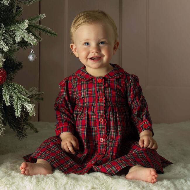 Tartan Button-Front Dress and Bloomers, Red - Dresses - 4
