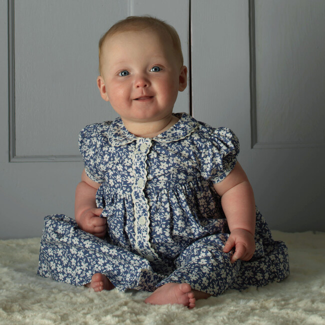 Floral Button Front Dress and Bloomers, Blue - Dresses - 4
