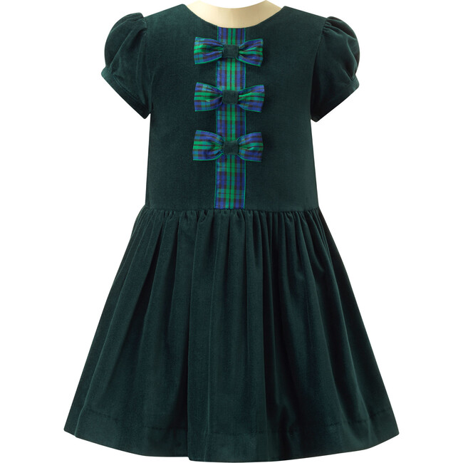 Tartan Velvet Bow Front Short Puff Sleeve Drop-Waist Skirt Dress, Green - Dresses - 1