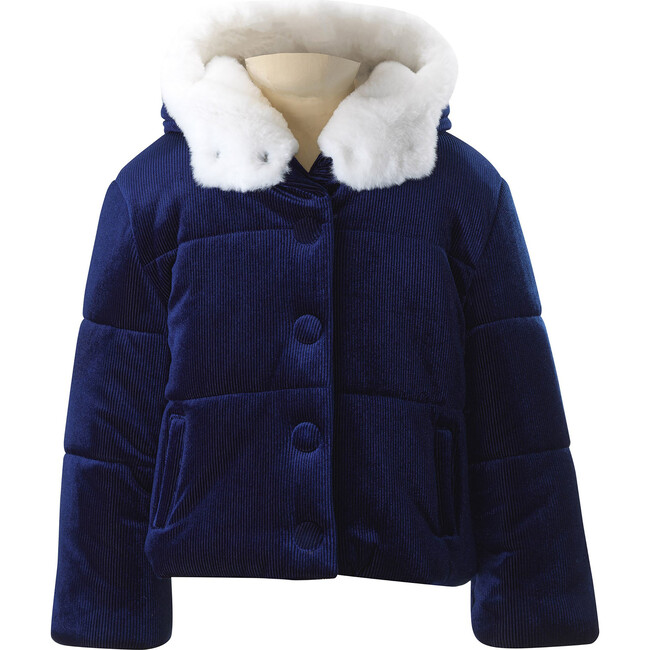 Velvet Corduroy Hooded Puffer Button Jacket, Navy - Coats - 1