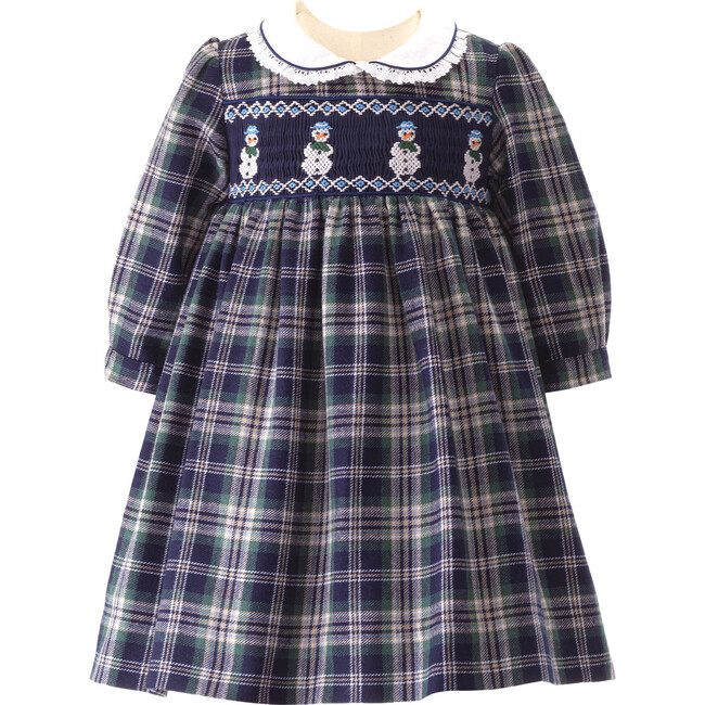 Snowman Frill Peter Pan Collar Long Sleeve Smocked Dress & Bloomers, Navy - Dresses - 1