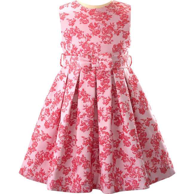 Rosebud Floral Embroidered Sleeveless Damask Skirt Dress, Pink - Dresses - 1