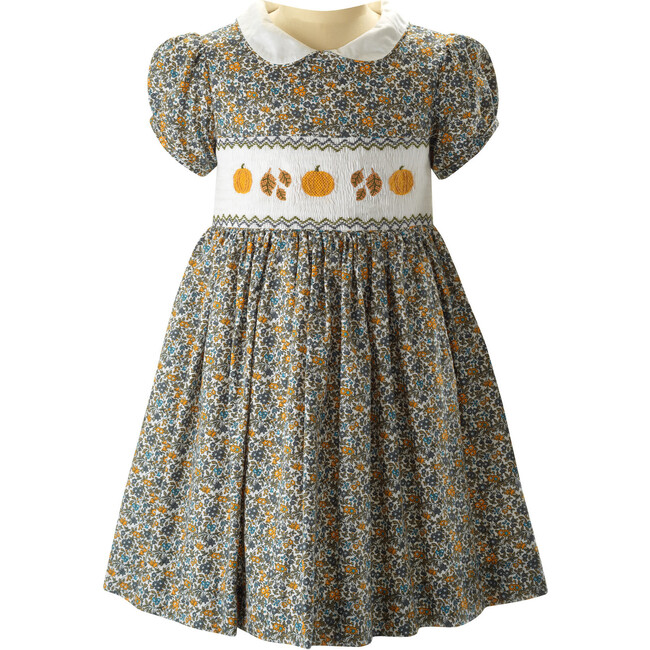 Pumpkin Floral Print Peter Pan Collar Smocked Waistband Dress, Multicolors - Dresses - 1