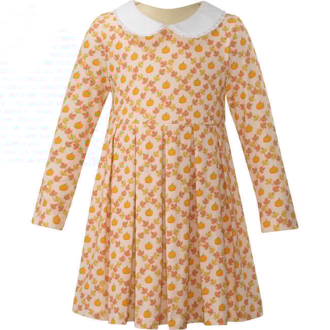 Pumpkin Check Peter Pan Collar Long Sleeve Jersey Skirt Dress, Orange - Dresses - 1