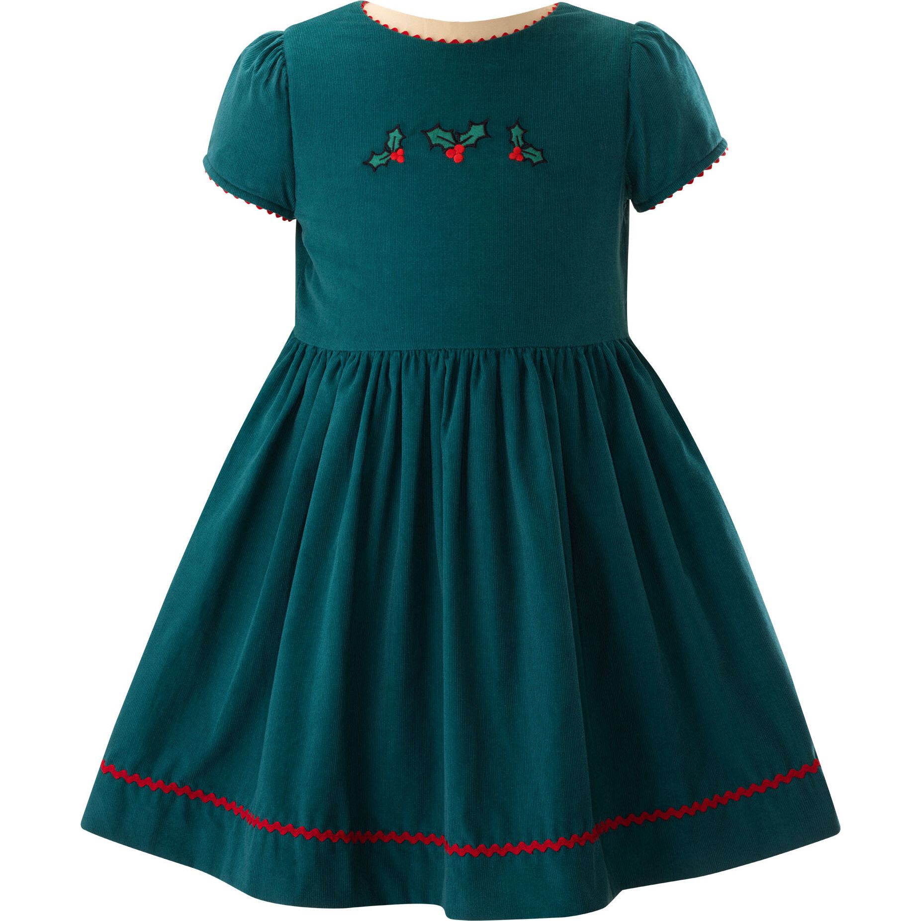Holly Embroidered Ric Rac Ribbon Trim Short Puff Sleeve Skirt Dress, Green  - Rachel Riley Dresses | Maisonette