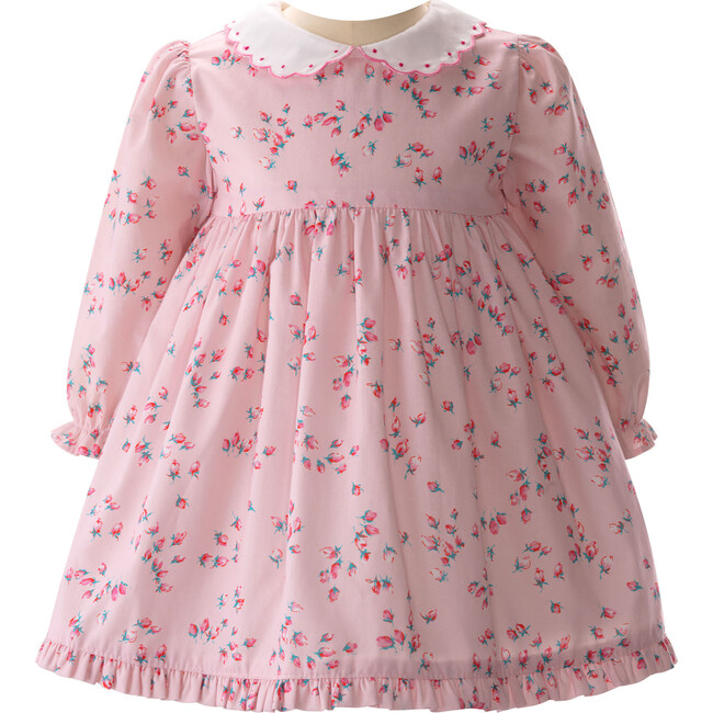 Baby Rosebud Scalloped Collar Long Elastic Sleeve Dress, Soft Powder Pink