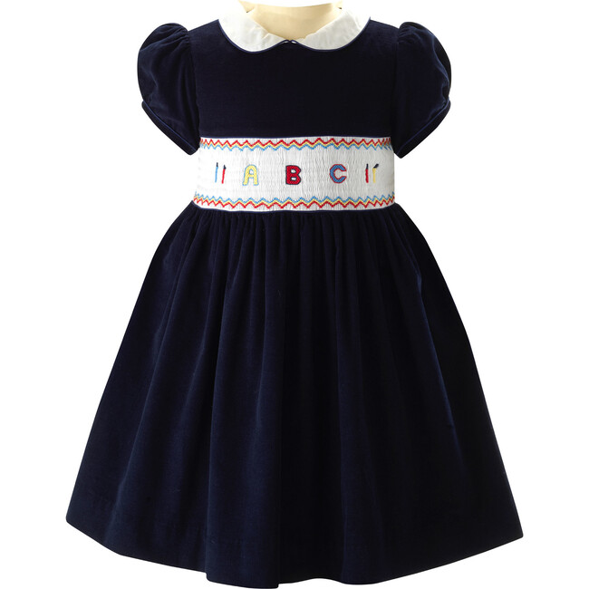 ABC Peter Pan Collar Short Puff Sleeve Smocked Dress, Navy