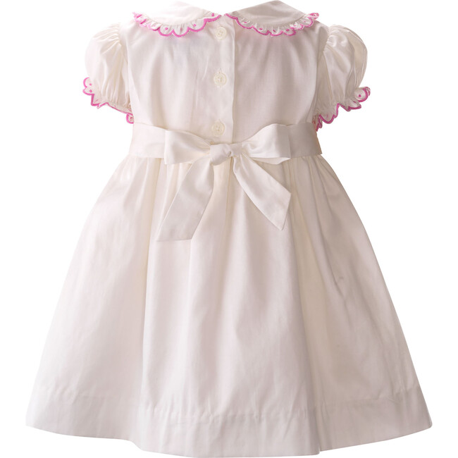Bow Scalloped Collar Puff Sleeve Smocked Dress, White & Pink - Dresses - 2