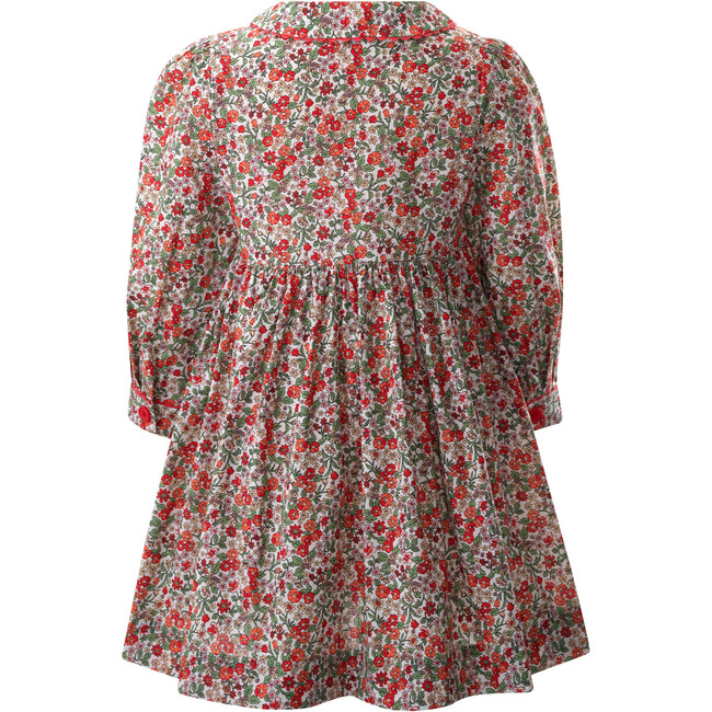 Botanical Floral Print Ric Rac Trim Long Sleeve Button-Front Dress, Red - Dresses - 2