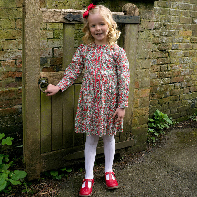 Botanical Floral Print Ric Rac Trim Long Sleeve Button-Front Dress, Red - Dresses - 3