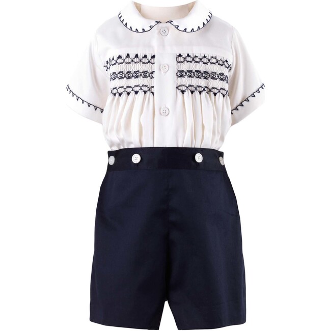 Peter Pan Collar Smocked Shirt And Short Set, Navy