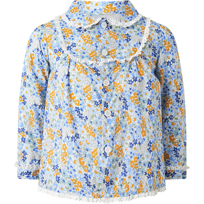 Floral Print Frill Lace Trim Button-Front Blouse, Pastel Blue & Yellow - Blouses - 1