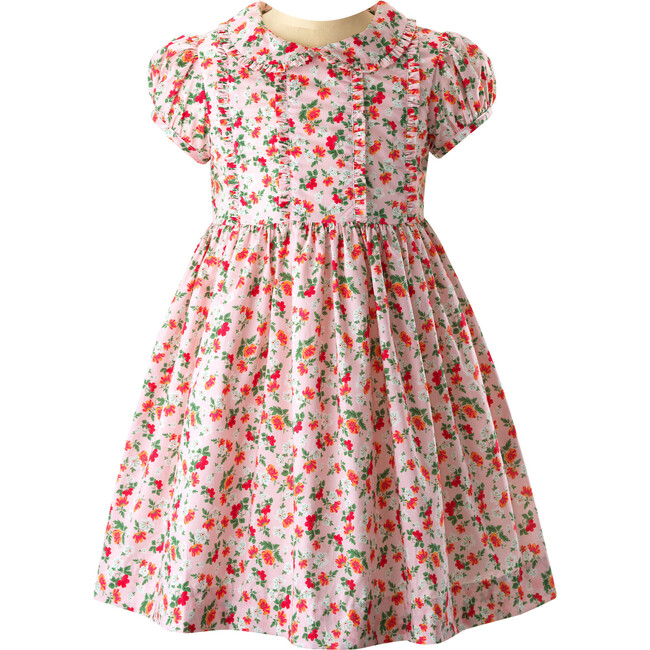 Floral Frill Front Peter Pan Collar Short Puff Sleeve Dress, Pink - Dresses - 1