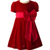 Crushed Velvet Bow Ribbon Tie Short Puff Sleeve Dress, Red - Dresses - 1 - thumbnail