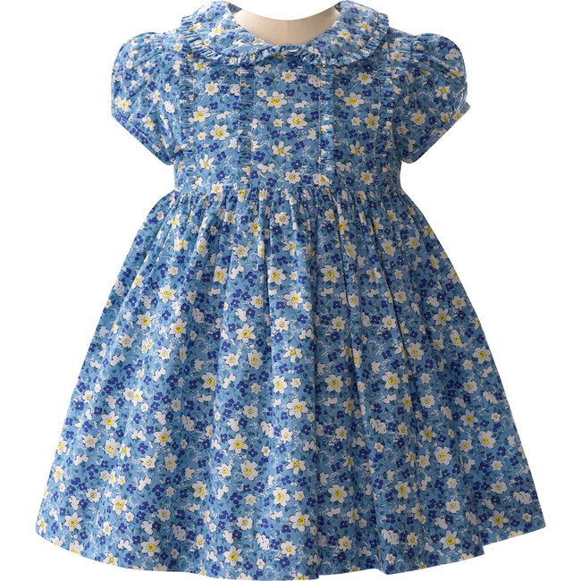 Floral Frill Front Peter Pan Collar Short Puff Sleeve Dress & Bloomers, Blue - Dresses - 1