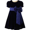 Crushed Velvet Bow Ribbon Tie Short Puff Sleeve Dress, Navy - Dresses - 1 - thumbnail