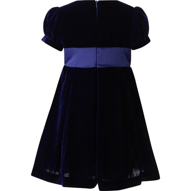 Crushed Velvet Bow Ribbon Tie Short Puff Sleeve Dress, Navy - Dresses - 2