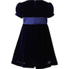 Crushed Velvet Bow Ribbon Tie Short Puff Sleeve Dress, Navy - Dresses - 2