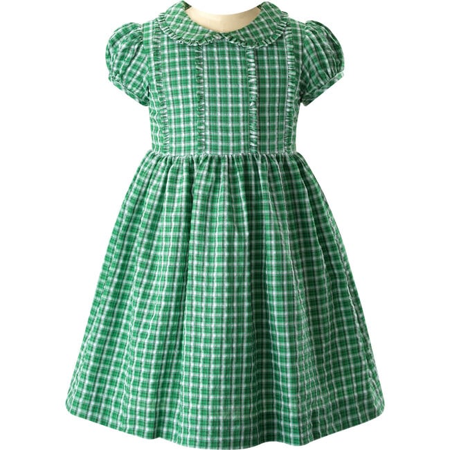 Check Frill Front Peter Pan Collar Short Puff Sleeve Dress, Green - Dresses - 1