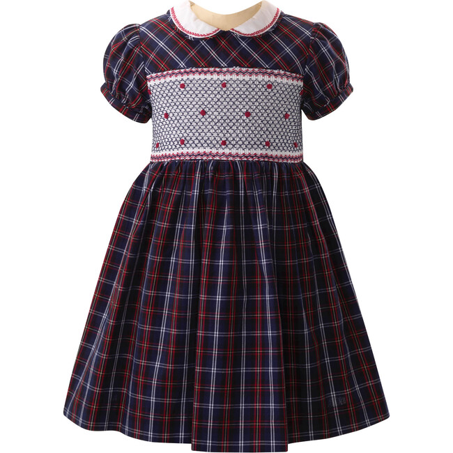 Check Embroidered Short Puff Sleeve Peter Pan Collar Smocked Dress, Navy - Dresses - 1