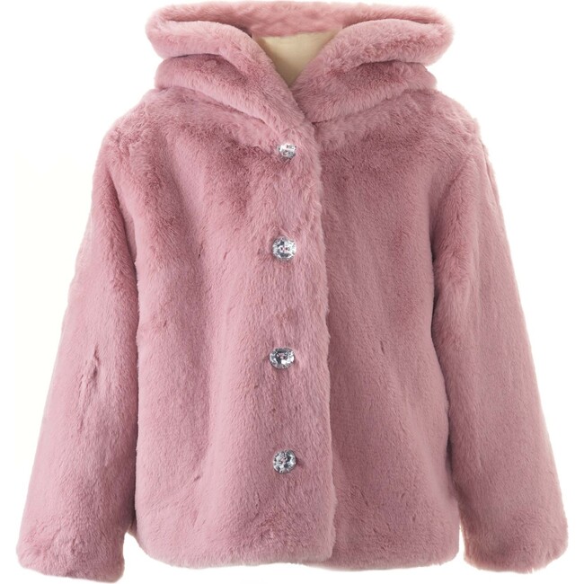 Faux Fur Hooded Short Coat, Pink - Faux Fur Coats - 1