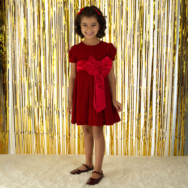 Crushed Velvet Bow Ribbon Tie Short Puff Sleeve Dress, Red - Dresses - 3