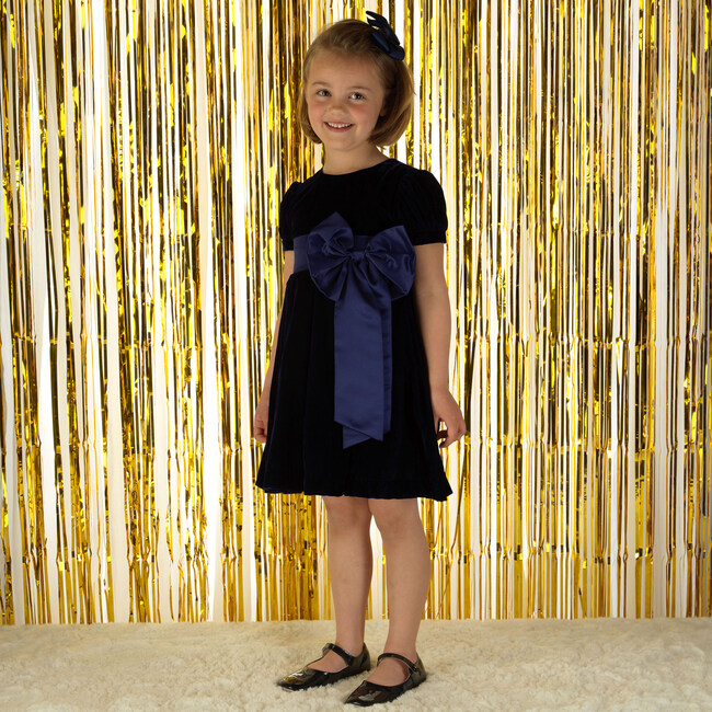 Crushed Velvet Bow Ribbon Tie Short Puff Sleeve Dress, Navy - Dresses - 3