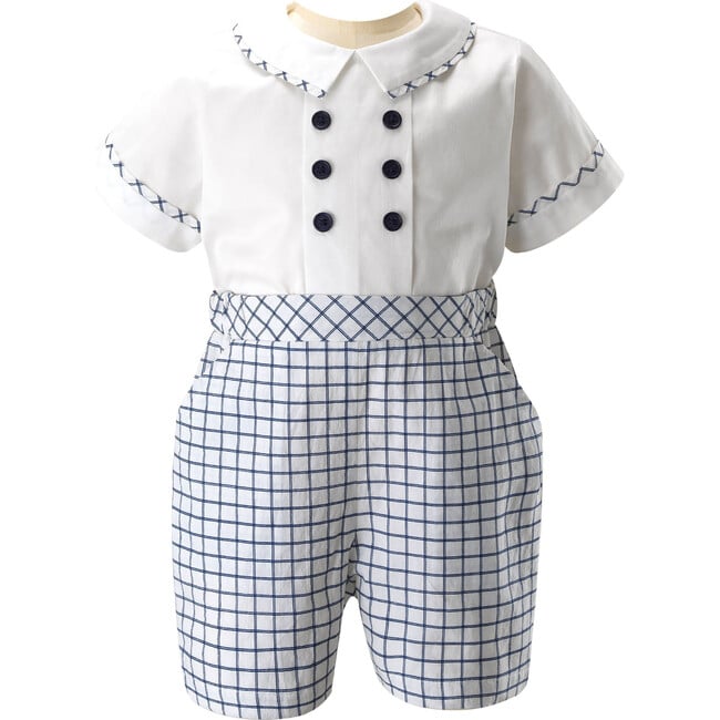 Check Double Breasted Shirt & Elastic Waist Short Romper, White & Ivory - Mixed Apparel Set - 1