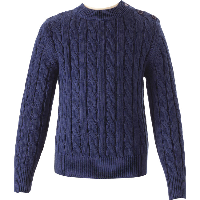 Cable Knit Ribbed Cuff Sweater, Navy - Sweaters - 1