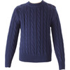 Cable Knit Ribbed Cuff Sweater, Navy - Sweaters - 1 - thumbnail