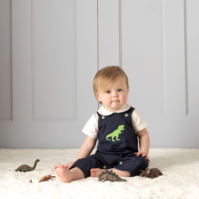 Dinosaur Embroidered Long Dungarees, Navy And Green - Overalls - 2