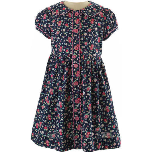 Floral Button-front Dress, Navy