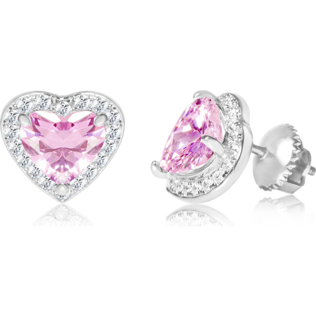 Cubic Zirconia Heart Screwback Earrings, Pink
