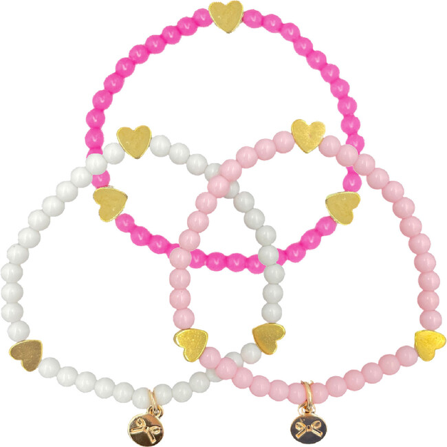 Pink Hearts Bracelet Set of 3, Pink/White/Magenta - Bracelets - 1