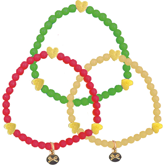 Holiday Hearts Bracelet Set of 3, Red, Green, Gold - Bracelets - 1