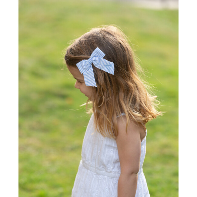 Seersucker Hair Bow, Blue - Bows - 5