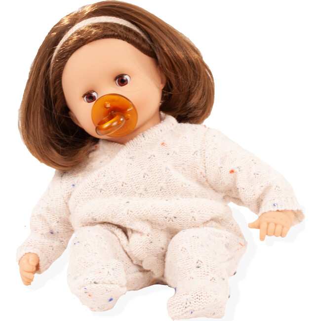 Gotz Muffin “Cozy Knits” Baby Doll – 13" Soft‑Body Doll with Brown Sleeping Eyes, Shoulder‑Length Hair, Beige Knit Romper, Headband & Pacifier – Ages 3+