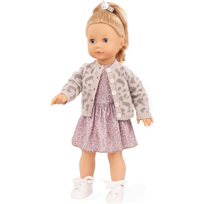 Gotz Jessica “Grey Cats” Precious Day Doll – 18" Standing Girl with Sleeping Eyes, Lilac‑Gray Leopard Dress & Cardigan, White Sneakers – Ages 3+