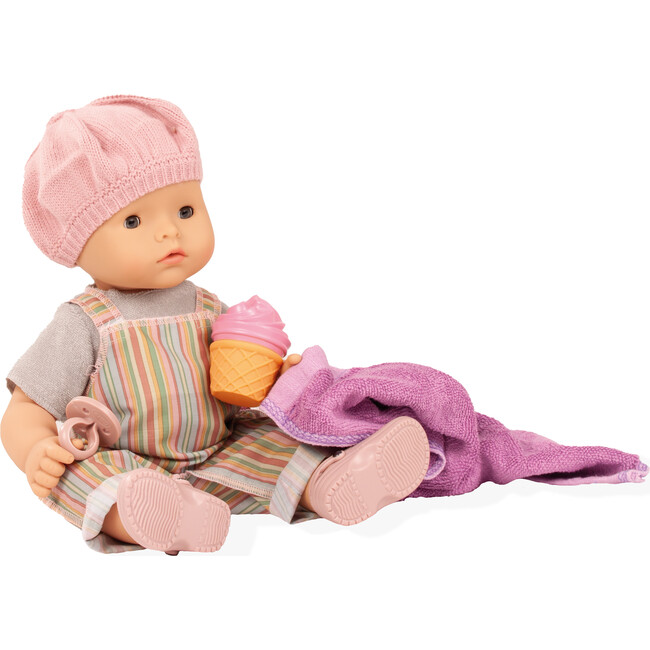 Gotz Maxy Aquini “Baby Beach Vibes” 16.5" All-Vinyl Bathing Baby Doll with Brown Sleeping Eyes, Striped Dress, Sun Hat, Towel & Ice‑Cream Water Toy – Ages 3+
