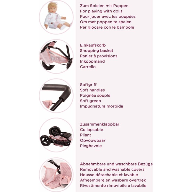 Gotz 3‑Wheel Doll Buggy “Soft Mood” – Compact Grey‑Pink Doll Stroller with Sunshade, Soft Handle & Storage Basket – Fits Dolls up to 19.5" – Ages 3+ - Doll Accessories - 3