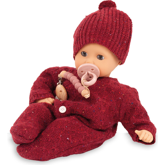 Gotz Muffin Baby “Jubilee” 13" Soft‑Body Baby Doll with Brown Sleeping Eyes, Bordeaux Red Knit Romper, Hat & Pacifier – Anniversary Edition for Ages 18 Months+ - Dolls - 3