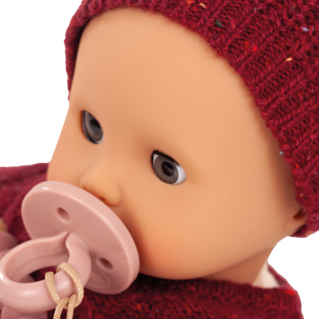 Gotz Muffin Baby “Jubilee” 13" Soft‑Body Baby Doll with Brown Sleeping Eyes, Bordeaux Red Knit Romper, Hat & Pacifier – Anniversary Edition for Ages 18 Months+ - Dolls - 5