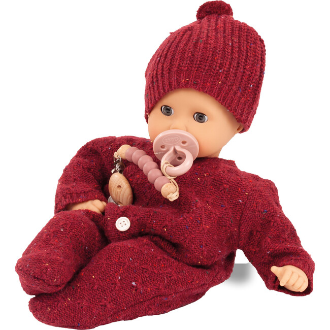 Gotz Muffin Baby “Jubilee” 13" Soft‑Body Baby Doll with Brown Sleeping Eyes, Bordeaux Red Knit Romper, Hat & Pacifier – Anniversary Edition for Ages 18 Months+ - Dolls - 6